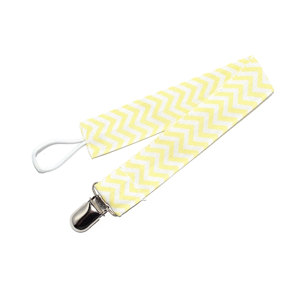 Attache tétine / sucette en tissu lignes / chevron jaune  et blanc