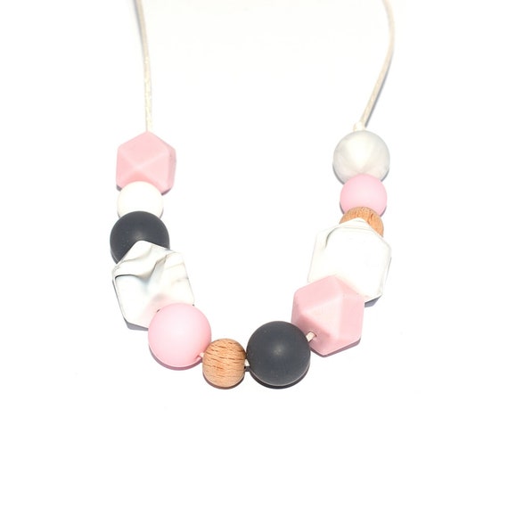 grey and beige NF-71 Kit DIY nursing necklace carrying hexagonal beads silicone and natural wood CE standards marble