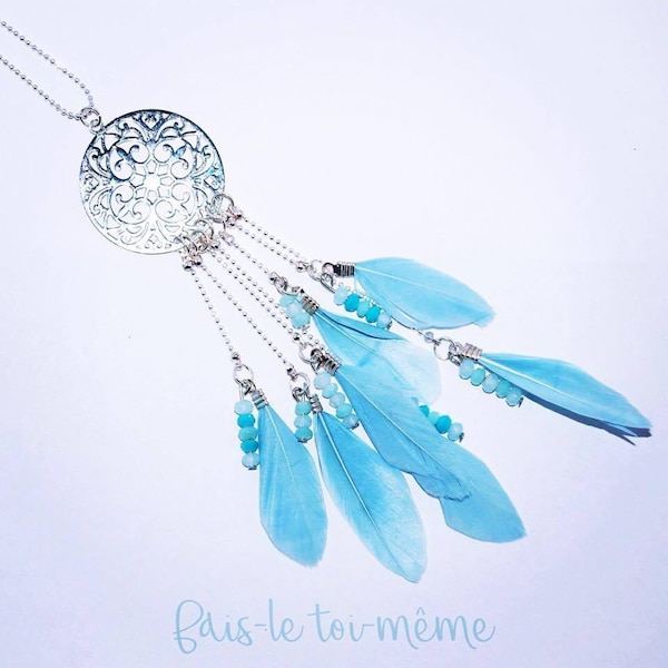 Kit collier "DIY"  plumes, perles facettes et estampe filigree mandala bleu clair, ciel, vert d'eau et turquoise - Ref: 1748