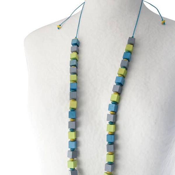 Kit collier "DIY"  long  en perles en bois cube et rondelles gris, turquoise et vert