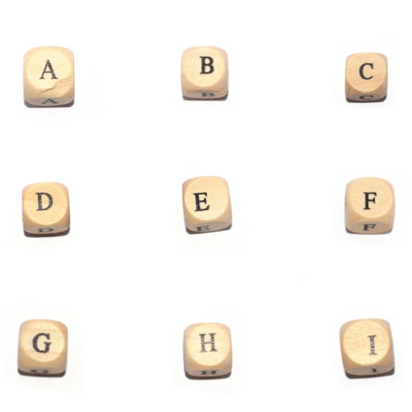 10 - 20 - 50 Pearl cube alphabet in natural light wood printed black 12mm - A B C D E F G H I