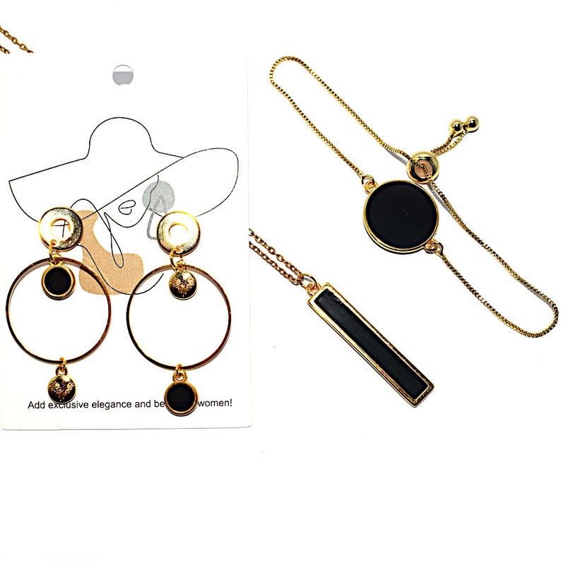 Creatieve kerstdoos DIY-pakket 3 sieraden om zelf te maken, ketting, asymmetrische oorbellen en gouden glas-in-lood armband zwart/wit Zwart