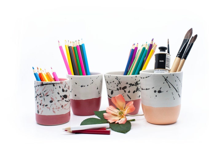 Colourful Desk Organisers, handmade ceramic stoneware pottery cups, pen and pencil cups, paintbrush holder, Christmas gift idea