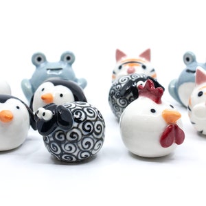 Pottery Critters for fun gifts, handmade ceramic pottery animals, hand painted porcelain clay animals, penguin, rooster, tiger, sheep, frog image 9