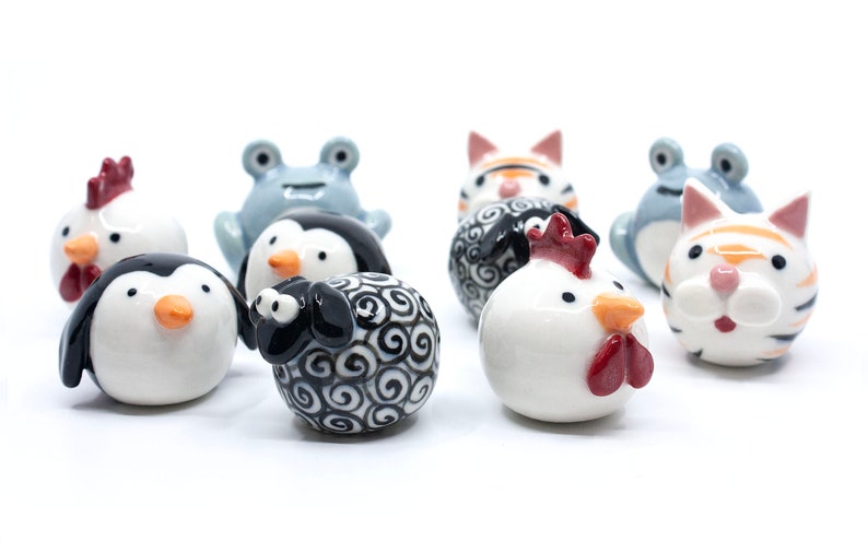 Pottery Critters for fun gifts, handmade ceramic pottery animals, hand painted porcelain clay animals, penguin, rooster, tiger, sheep, frog image 9