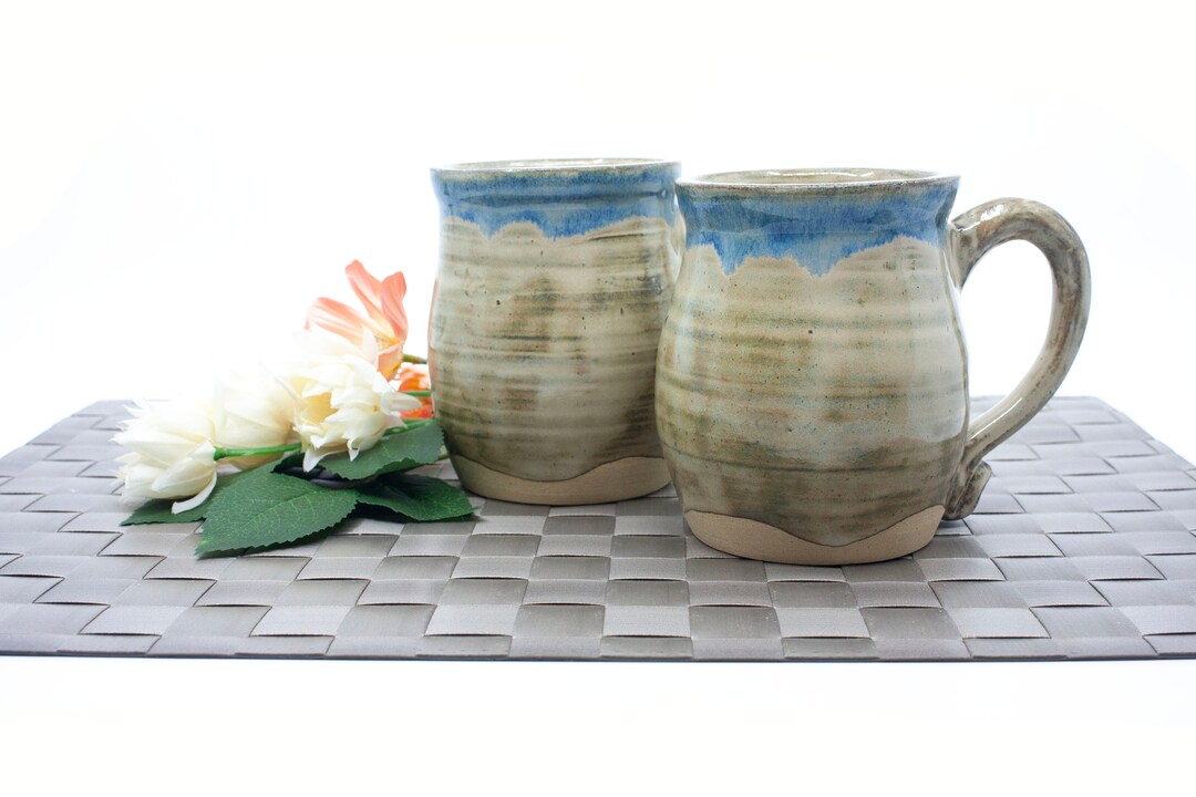 Rustic Country Style Mug With Blue Edge Large Handmade Etsy