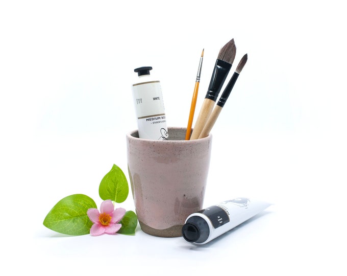 Pink speckled holders, handmade ceramic pen cup, paintbrush holder, pink pottery holder, pencil cup desk organiser, unique gift idea