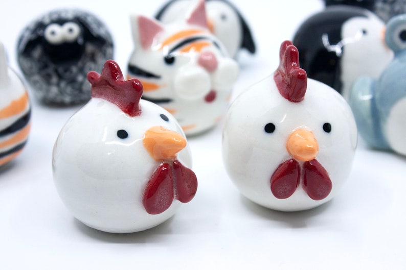 Pottery Critters for fun gifts, handmade ceramic pottery animals, hand painted porcelain clay animals, penguin, rooster, tiger, sheep, frog image 10