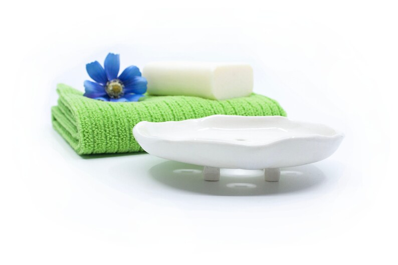 Soap trays with feet, handmade ceramic pottery soap holder, white porcelain soap dish, bathroom accessory image 2