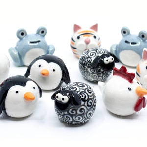 Pottery Critters for fun gifts, handmade ceramic pottery animals, hand painted porcelain clay animals, penguin, rooster, tiger, sheep, frog image 1