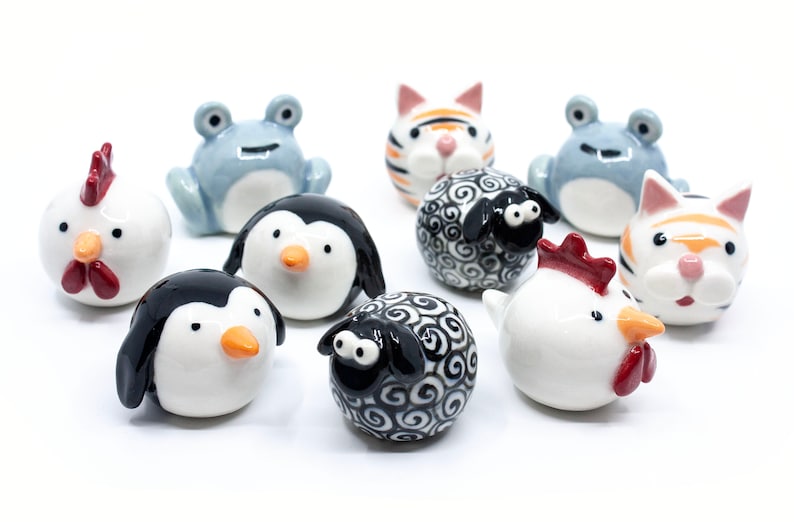 Pottery Critters for fun gifts, handmade ceramic pottery animals, hand painted porcelain clay animals, penguin, rooster, tiger, sheep, frog image 1