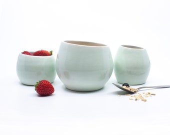 3 Piece Breakfast Set, handmade ceramic stoneware pottery set, pale green pottery, unique gifts