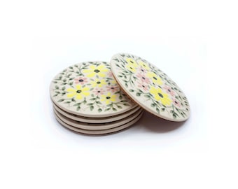 Set of 4 Coasters, ceramic pottery coasters with hand-painted floral motif, small gift idea