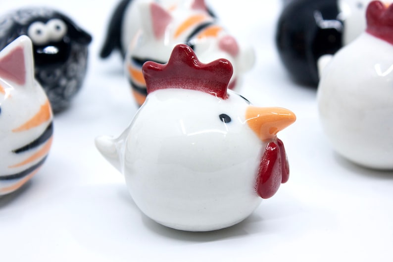 Pottery Critters for fun gifts, handmade ceramic pottery animals, hand painted porcelain clay animals, penguin, rooster, tiger, sheep, frog image 3