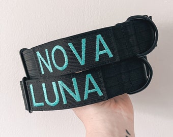 Personalized Black Tactical Dog Collar: Embroidered Custom Name