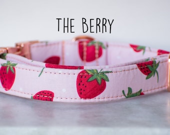 Strawberry Dog Collar, Summer Pink Cotton, Girl Puppy Collar