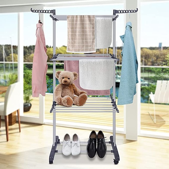 2-Tier Clothes Drying Rack Folding Laundry Stand with Adjustable Supporting  Bar