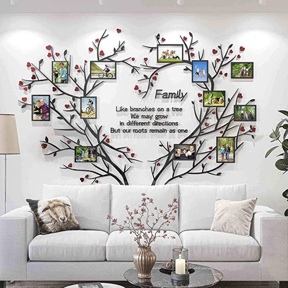 Family Tree Wall Decor Picture Frame Removable 3D DIY Acrylic Wall Stickers  for Living Room With Red Heart and Quote Like Branches on a Tree 