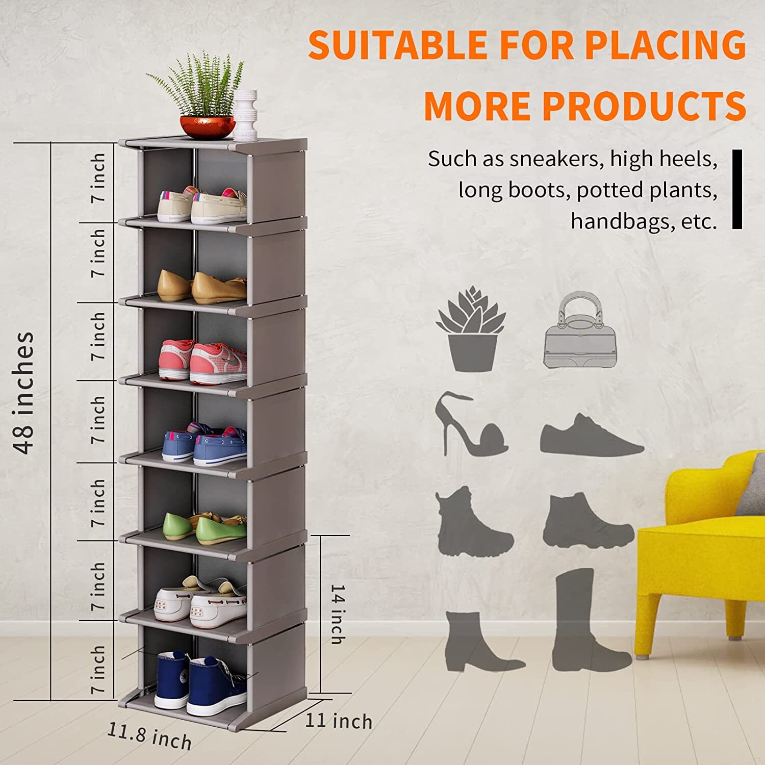 LANTEFUL 8 Tiers Tall Shoe Rack, Narrow Vertical Shoe Rack for