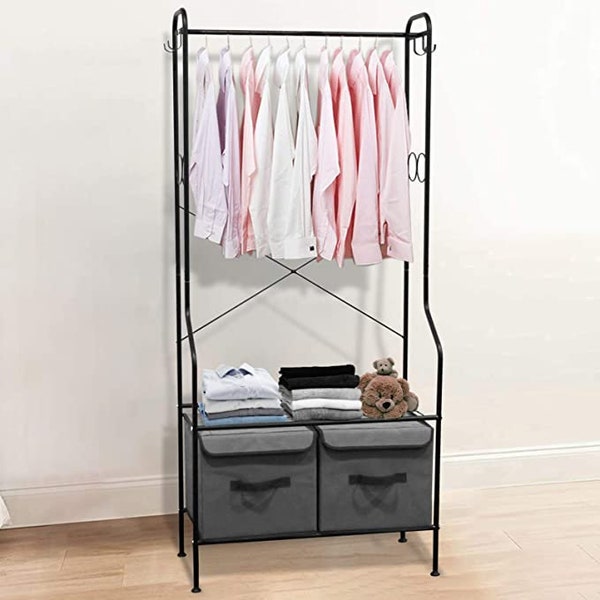 GARMENT RACK With SHELF, Cloth Rail, Open Wardrobe with 2 Storage Boxes, Awopee Portable Clothes Hanger Loft Clothing & Shoe Storage