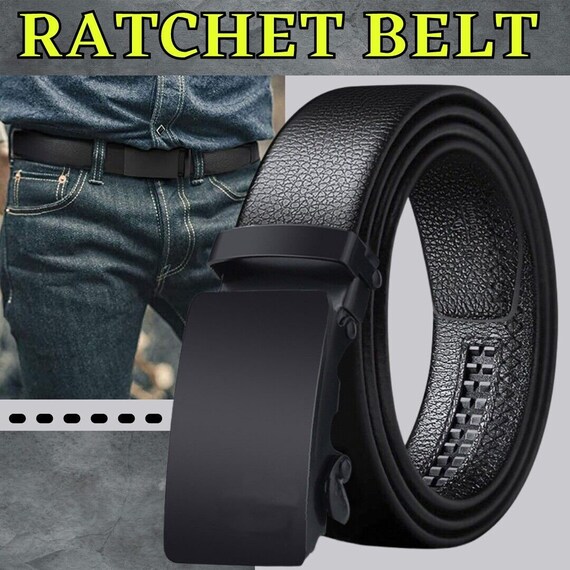 Mens Leather Adjustable Belts Slide Trim Ratchet With Automatic