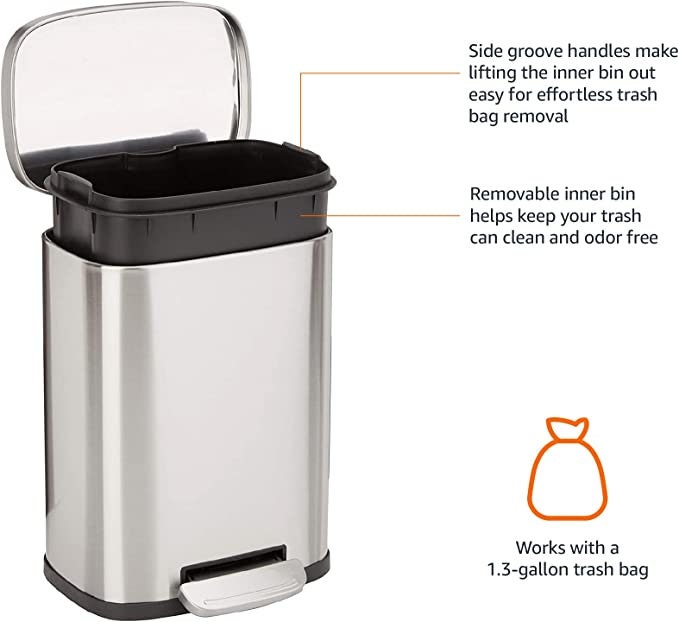 Basics Smudge Resistant Rectangular Trash Can With Soft-Close Foot  Pedal, Brushed Stainless Steel, 30 Liter 7.9 Gallon, Satin Nickel Finish