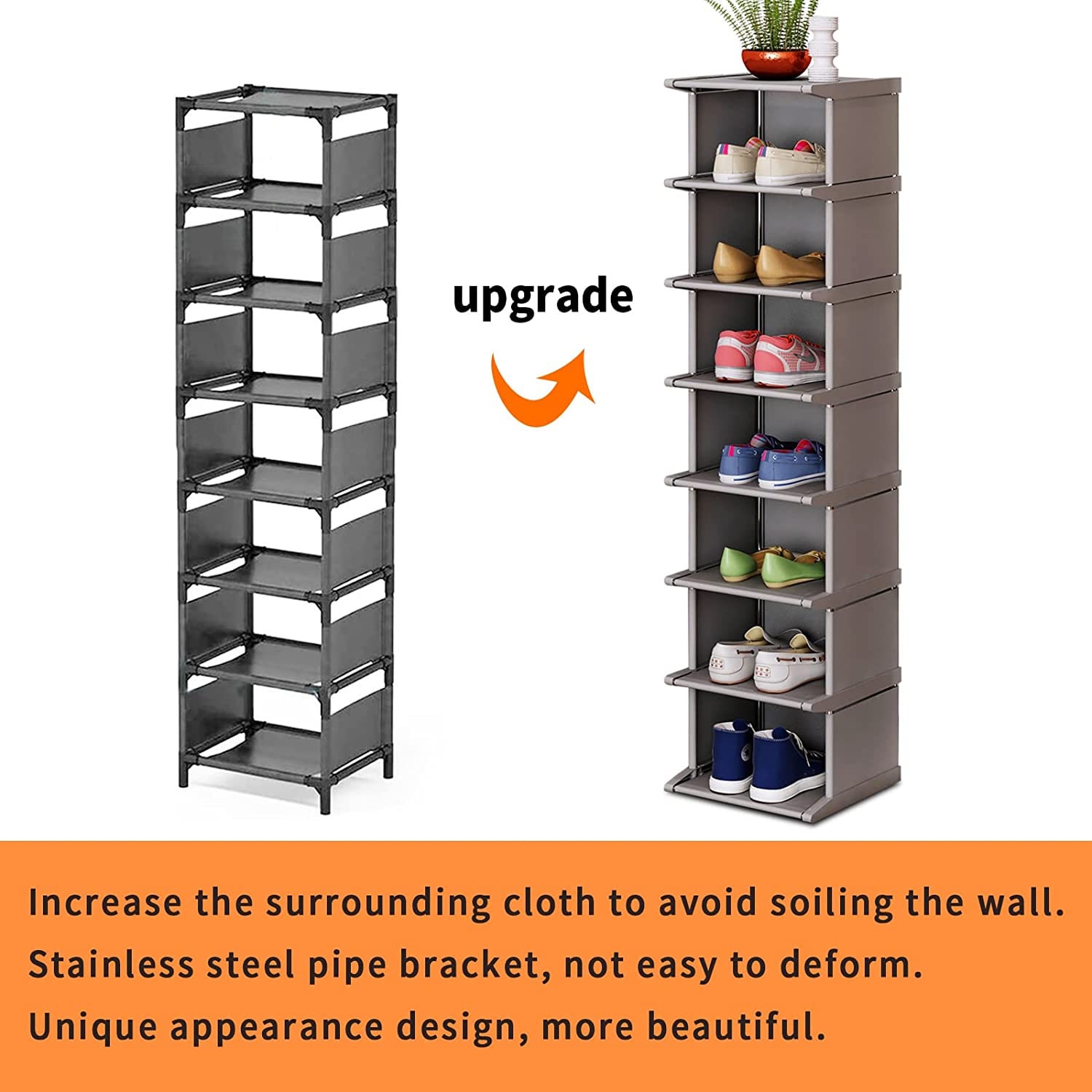 LANTEFUL 8 Tiers Tall Shoe Rack, Narrow Vertical Shoe Rack for