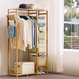 Wood Bamboo STANDING CLOTHES RACK, Modern Coat Shelf With Hooks For Hats, Shoes, Towels, Dresses, Stylish Decorative Furniture