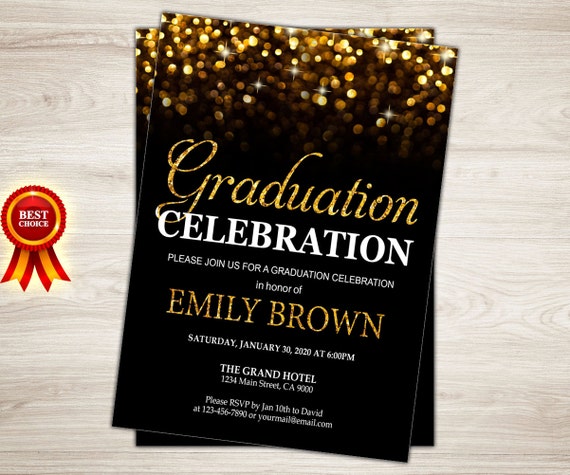 graduation invitation black gold graduation party invite printable grad celebration invite high school college graduation bokeh confetti graduation celebration invitations