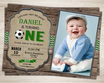 Soccer First Birthday Invitation. Soccer 1st Birthday Invite Printable Soccer Photo Invitation. Sports Party Soccer Party Invite Rustic Wood