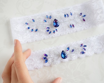 Galaxy wedding garter, Universe wedding, galaxy Garters, Celestial Garters, Garters with stars, Lace Navy Black White Garter, crystal garter