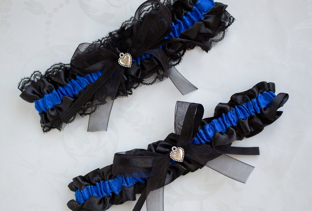 Black and Blue Garter Set, Wedding Garter, Gothic Wedding, Halloween