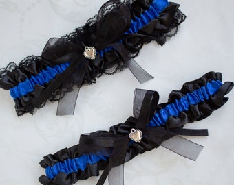 Conjunto de ligas negras y azules, ligas de boda, boda gótica, ligas de boda de halloween, ligas de corazón, ligas con calavera, ligas negras de encaje