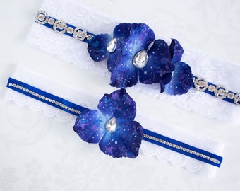 Stars and Moon wedding garter, galaxy wedding, galaxy Garters, Celestial Garters, Garters with stars, Lace Navy Black White Garter