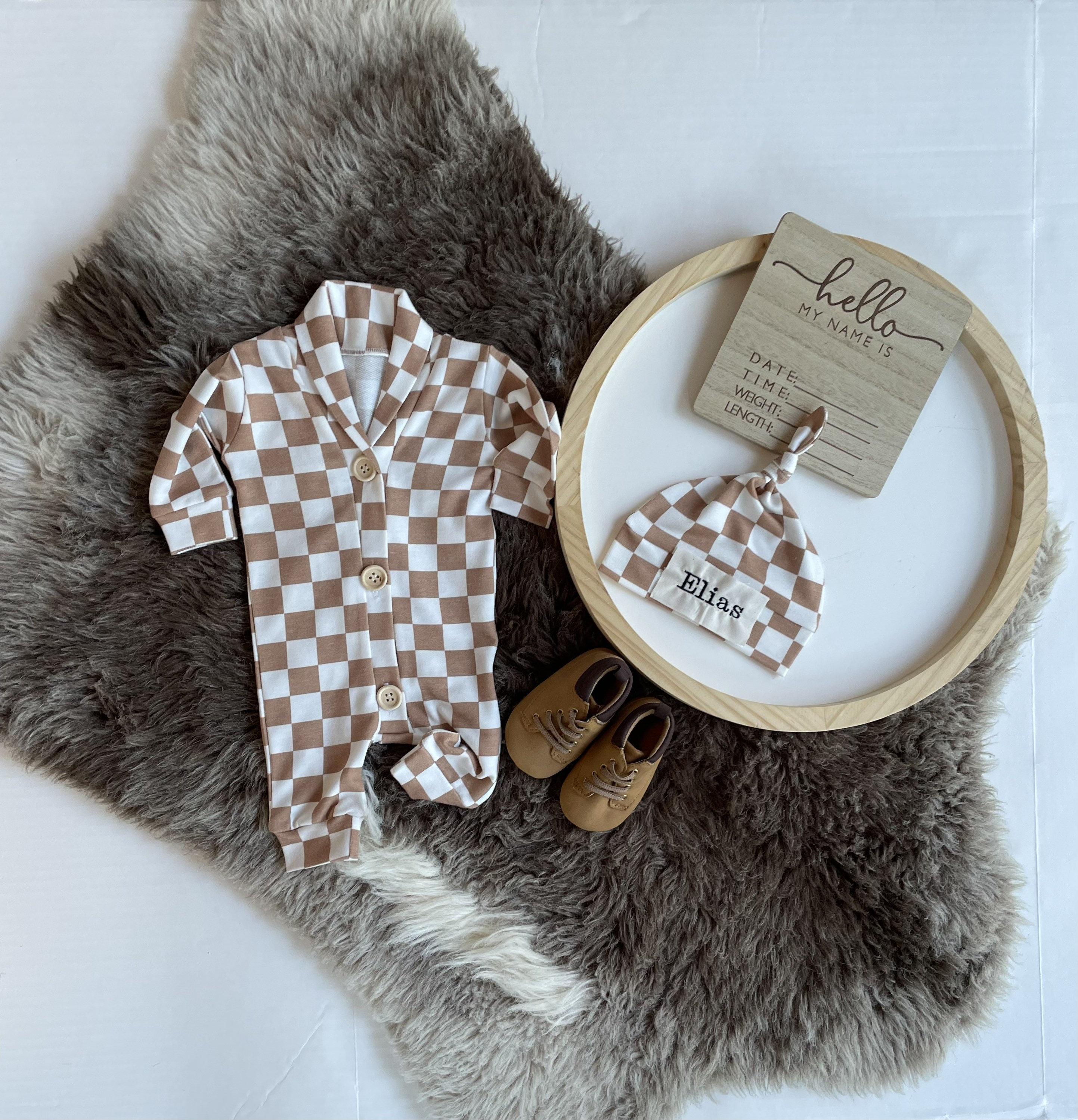 Tan Newborn Boy Clothes Newborn Boy Checkerboard Coming Home Outfit Baby Boy Gift Newborn Name Hat Monogrammed Baby Boy Outfit Baby Shower