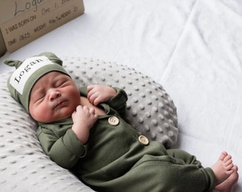 Army green romper  Boy Clothes.Going Home Outfit Newborn Boy.Take home outfit.Preppy. Personalized boy gift.Name hat.Fall outfit