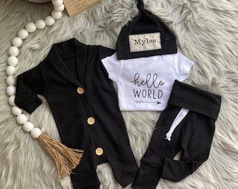 Newborn Boy Coming Home Outfit, Baby Boy Outfit with Embroidered Monograms,Baby Boy Gift, Going Home Outfit Baby Boy,Newborn Set Name, Black