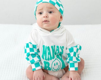 Oversized sweatshirt romper, Personalized Baby Romper,Custom Name,Bubble Romper,Baby shower Gift,Baby Name Announcement,checkerboard romper