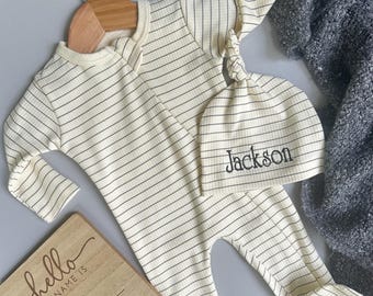 Stripe bodysuit Boy Clothes. Footie Baby boy Clothes Newborn Boy Take home outfit.Preppy. Personalized boy gift.Name hat.Spring  outfit