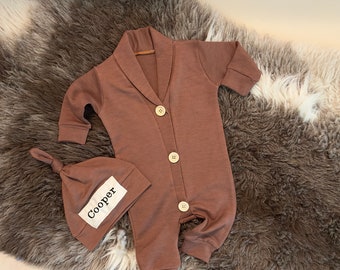 Brown bodysuit Boy Clothes. Trendy Baby boy Clothes Newborn Boy Take home outfit.Preppy. Personalized boy gift.Name hat. Spring  outfit