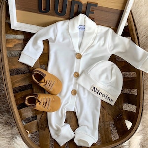 White romper with Monogrammed Option Baby Boy Clothes. Going Home Outfit Newborn Boy.Take home outfit. White. Preppy. Personalized boy gift.