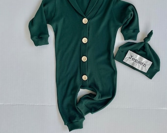 Hunter green romper  Christmas boy outfit. Newborn boy first Christmas .Going Home Outfit .Take home outfit.boy gift.Name hat.