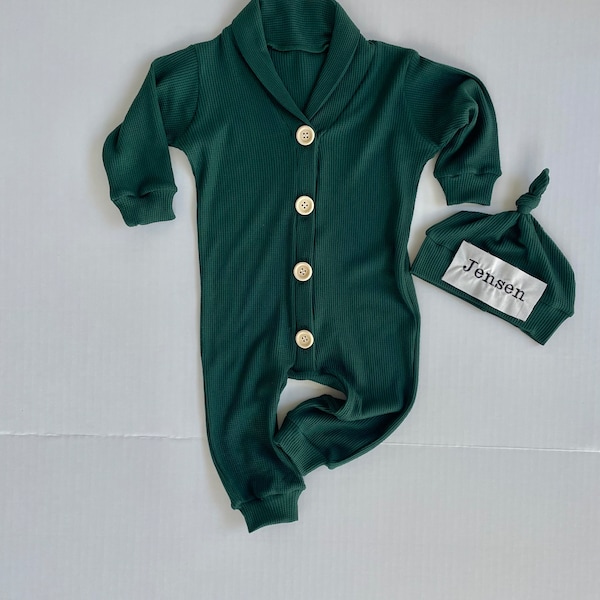 Hunter green romper  Christmas boy outfit. Newborn boy first Christmas .Going Home Outfit .Take home outfit.boy gift.Name hat.