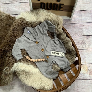 Gray romper Baby Boy Clothes.Going Home Outfit Newborn Boy.Take home outfit.Coming home outfit. Personalized boy gift.Name hat.Fall outfit