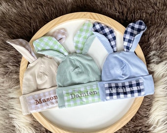 Personalized newborn bunny ears hat handmade custom baby gift boy girl-newborn Easter photo prop-monogram knit bunny ears cap with name