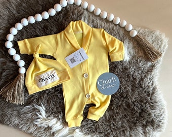 Yellow bodysuit Boy Clothes. Trendy Baby boy Clothes Newborn Boy Take home outfit.Preppy. Personalized boy gift.Name hat. Spring  outfit