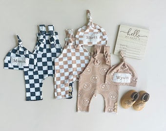 Black Checkered Baby Boy romper.Newborn boy Clothes.Going Home Outfit Newborn Boy.Take home outfit.Personalized.Name hat, hospital photo