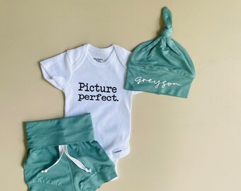 Picture Perfect Coming Home Outfit Set. Baby Boy Clothes Baby Girl Clothes Trending Newborn Take Home Outfit. Personalized hat, Name hat