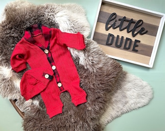 Newborn Baby Boy Sleeper -Red Pajamas and Romper with Hat- Cute Christmas Outfit, Photo Props -Perfect Gift for Baby Boy and personalize hat