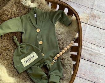 Army green romper  Boy Clothes.Going Home Outfit Newborn Boy.Take home outfit.Preppy. Personalized boy gift.Name hat. Spring summer outfit